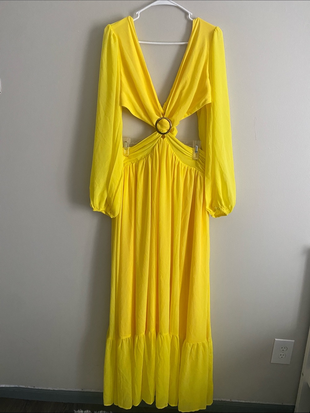Sunshine Yellow Long Sleeve Maxi Dress with Tie Back Halter Top and Ring Detail